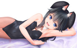 Rule 34 | 1girl, animal ears, arm up, armpits, bare shoulders, black hair, black leotard, blue eyes, blush, bow, chakabo, covered navel, detached collar, fake animal ears, fishnet pantyhose, fishnets, flat chest, hair between eyes, highres, leotard, long hair, looking at viewer, lying, on side, open mouth, original, pantyhose, playboy bunny, rabbit ears, red bow, see-through, solo, white background