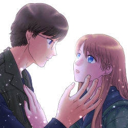 Rule 34 | 1boy, 1girl, aged up, aida kensuke, beard, blue eyes, brown hair, evangelion: 3.0+1.0 thrice upon a time, eye contact, face-to-face, facial hair, from side, glasses, green jacket, hair between eyes, hand on another&#039;s chest, hand on another&#039;s face, hand up, jacket, long hair, looking at another, neon genesis evangelion, open mouth, rebuild of evangelion, simple background, souryuu asuka langley, standing, stubble, upper body, white background