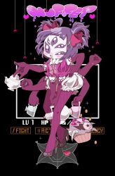 Rule 34 | 1girl, elbow gloves, extra arms, extra eyes, fang, gloves, high heels, highres, arthropod girl, looking at viewer, monster girl, muffet, short twintails, spider girl, tea, teapot, thighhighs, twintails, undertale