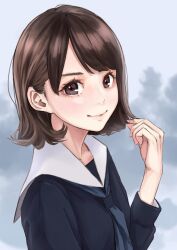 Rule 34 | 1girl, ashiya hiro, black serafuku, black shirt, blue neckerchief, bob cut, breasts, brown eyes, brown hair, close-up, closed mouth, cloud, commentary, day, dress shirt, eyelashes, flipped hair, from side, grey sky, hair strand, hand up, highres, light blush, lips, long sleeves, looking at viewer, looking to the side, neckerchief, original, outdoors, overcast, playing with own hair, portrait, sailor collar, school uniform, serafuku, shirt, short hair, sky, small breasts, smile, solo, upper body, white sailor collar
