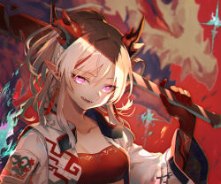 Rule 34 | 1girl, arknights, bandeau, blurry, breasts, depth of field, dragon, dragon horns, fire, hand up, horns, jacket, long hair, long sleeves, looking at viewer, medium breasts, natsuiro xx, nian (arknights), open clothes, open jacket, open mouth, pointy ears, ponytail, purple eyes, sidelocks, silver hair, solo, upper body, white jacket, wide sleeves