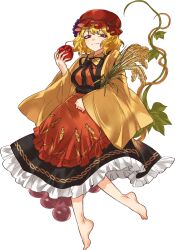 1girl aki_minoriko apple apron barefoot blonde_hair food food-themed_hair_ornament frilled_skirt frills fruit full_body grape_hair_ornament grey_99123 hair_ornament hat highres holding holding_food holding_fruit long_hair mountain_of_faith print_apron red_apron red_eyes red_hat short_hair simple_background skirt smile solo touhou wheat wheat_print white_background wide_sleeves