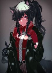 Rule 34 | 1girl, animal ear piercing, animal ears, arknights, ayahito (aya10n), black coat, black hair, black shorts, cigarette, coat, collared shirt, dress shirt, gloves, grey background, hand up, highres, mouth hold, official alternate costume, open clothes, open coat, ponytail, red eyes, red gloves, red shirt, shirt, shorts, sidelocks, simple background, smoking, solo, striped clothes, striped shorts, tail, texas (arknights), texas (willpower) (arknights), watch, wolf ears, wolf girl, wolf tail, wristwatch