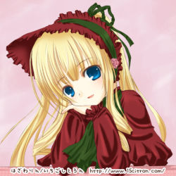 Rule 34 | 00s, 15citron, 1girl, :d, blonde hair, blush, bonnet, bow, bowtie, dress, frills, green bow, green bowtie, long hair, long sleeves, looking at viewer, lowres, open mouth, pink background, red dress, rozen maiden, shinku, sidelocks, simple background, smile, solo, text focus, twintails, very long hair