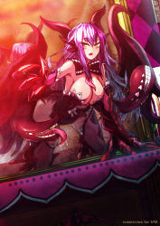 Rule 34 | 1girl, all fours, animal hands, blush, breasts, claws, dark-skinned female, dark skin, demon wings, detached collar, extra tongue, female focus, gold teeth, horns, jabberwock (monster girl encyclopedia), large breasts, long hair, long tongue, looking at viewer, monster girl, monster girl encyclopedia, purple hair, red eyes, solo, sud (sudea), suggestive fluid, tongue, tongue out, very long hair, wings