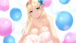 Rule 34 | 1girl, balloon, blonde hair, blue butterfly, blue eyes, blush, boku wa tomodachi ga sukunai, breast press, breasts, bubble, bug, butterfly, butterfly hair ornament, cait aron, cleavage, closed mouth, collarbone, commentary request, completely nude, from below, hair ornament, highres, insect, kashiwazaki sena, large breasts, long hair, looking at viewer, nude, simple background, smile, solo, upper body