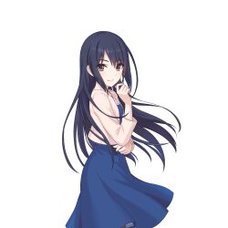 Rule 34 | 1girl, black eyes, black hair, blue dress, cardigan, dress, hand on own chin, looking at viewer, official art, princess connect!, rei (princess connect!), rei (real) (princess connect!), tachi-e, transparent background, white cardigan
