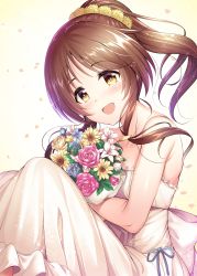 Rule 34 | 1girl, absurdres, bouquet, brown eyes, brown hair, dress, flower, hair flower, hair ornament, highres, holding, holding bouquet, idolmaster, idolmaster cinderella girls, long hair, looking at viewer, ment, open mouth, ponytail, rose, sidelocks, smile, solo, strapless, strapless dress, takamori aiko, white dress