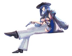 Rule 34 | 1girl, absurdres, anniversary, blue eyes, blue hair, breasts, commentary, english commentary, erasorpepero, full body, gun, handgun, hat, heart, highres, holding, holding gun, holding weapon, hololive, hololive english, holster, holstered, large breasts, looking at viewer, medium hair, navel, ouro kronii, simple background, sitting, solo, underboob, virtual youtuber, weapon, white background