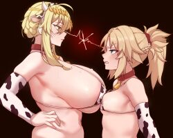 2girls animal_collar animal_print areola_slip artoria_pendragon_(fate) artoria_pendragon_(lancer)_(fate) asymmetrical_docking bell bikini blonde_hair braid braided_bun breast_contest breast_press breasts collar commentary confrontation cow_print cow_print_bikini cow_print_sleeves cowbell detached_sleeves english_commentary fate/grand_order fate_(series) glaring green_eyes hair_between_eyes hair_bun hand_on_own_hip highres huge_breasts large_breasts lightning_glare long_hair mordred_(fate) mordred_(fate/apocrypha) multiple_girls ponytail print_bikini rivalry sideboob simple_background small_breasts string_bikini swimsuit todding