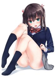 Rule 34 | 1girl, blazer, blue socks, blush, brown hair, cleft of venus, feet, green eyes, hair ornament, highres, jacket, long hair, looking at another, looking at viewer, miniskirt, no panties, no shoes, nude filter, open mouth, original, ribbon, school uniform, shirt, sitting, skirt, socks, solo, tagme, thighs, third-party edit, twintails, unasaka ryou, uncensored, white background