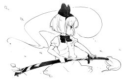 Rule 34 | 1girl, black hairband, black ribbon, bow, bowtie, commentary request, cowboy shot, cropped legs, drawing sword, flower, greyscale, hair ribbon, hairband, holding, holding sword, holding weapon, katana, konpaku youmu, konpaku youmu (ghost), looking to the side, monochrome, ribbon, short hair, short sleeves, simple background, skirt, solo, sword, tanasuke, tassel, touhou, vest, weapon, white background