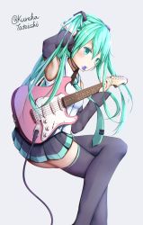 Rule 34 | 1girl, arm up, ass, black skirt, black sleeves, black thighhighs, breasts, closed mouth, collared shirt, commentary request, crossed legs, detached sleeves, electric guitar, fender stratocaster, fingernails, green eyes, green hair, green necktie, grey background, guitar, hair ornament, hand in own hair, hatsune miku, highres, holding, holding instrument, instrument, long hair, long sleeves, looking away, mouth hold, necktie, pleated skirt, plectrum, shirt, simple background, sitting, skirt, sleeveless, sleeveless shirt, small breasts, solo, tateishi kureha, thighhighs, tie clip, twintails, twitter username, very long hair, vocaloid, white shirt