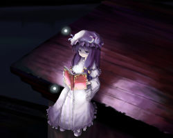 Rule 34 | 1girl, book, bow, crescent, dress, female focus, frills, glowing, hair bow, hat, kurona, long hair, night, open book, patchouli knowledge, purple eyes, purple hair, reading, rooftop, sitting, solo, striped, touhou