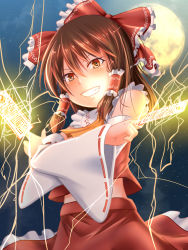 Rule 34 | &gt;:), 1girl, ascot, bad id, bad pixiv id, bow, brown eyes, brown hair, crossed arms, detached sleeves, electricity, full moon, grin, hair bow, hair ribbon, hair tubes, hakurei reimu, highres, holding, kuro-hero, looking at viewer, moon, ofuda, ribbon, ribbon-trimmed sleeves, ribbon trim, sky, smile, solo, star (sky), starry sky, touhou, v-shaped eyebrows