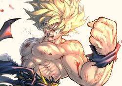 Rule 34 | 1boy, abs, blonde hair, blood, blood from mouth, blood on face, bruise, bruise on face, clenched hand, dougi, dragon ball, green eyes, injury, long hair, looking at viewer, male focus, mattari illust, muscular, muscular male, open mouth, pectorals, simple background, son goku, spiked hair, super saiyan, teeth, topless male, torn clothes, twitter username