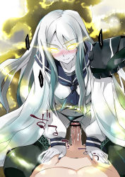 Rule 34 | 10s, 1boy, 1girl, abyssal ship, arm support, bar censor, black panties, black thighhighs, blush, cape, censored, cloak, clothed female nude male, clothed sex, clothing aside, colored skin, cowgirl position, girl on top, glowing, glowing eyes, grey skin, hetero, kantai collection, lace, lace-trimmed legwear, lace trim, long hair, looking at viewer, mikagami sou, nail polish, nose blush, nude, panties, panties aside, penis, personification, pov, pussy, pussy juice, school uniform, serafuku, sex, silver hair, smile, straddling, sweat, ta-class battleship, thighhighs, underwear