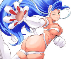 Rule 34 | 1girl, absurdres, animal ears, animal hands, ass, big hair, blue hair, breasts, cat ears, cat girl, cat tail, claws, clenched hand, closed mouth, felicia (vampire), from side, green eyes, highres, large breasts, long hair, looking at viewer, looking to the side, multicolored hair, one eye closed, red nails, shisbaku, simple background, slit pupils, smile, solo, streaked hair, tail, vampire (game), white background, white fur, white hair