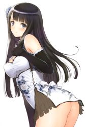 Rule 34 | 1girl, absurdres, ass, black gloves, black hair, blue eyes, blush, china dress, chinese clothes, cleavage cutout, clothing cutout, dress, elbow gloves, flower, gloves, hair flower, hair ornament, highres, long hair, looking at viewer, no panties, original, panties, ping-yi (tony taka), scan, see-through, shiny skin, simple background, smile, solo, thighs, tony taka, underwear, white background