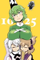 Rule 34 | 3girls, bare shoulders, blush, breast rest, breasts, breasts day, breasts on head, closed eyes, closed mouth, commentary request, cross-laced clothes, dress, earmuffs, eyelashes, green dress, green eyes, green hair, hat, head tilt, highres, holding, japanese clothes, kagehito, kariginu, large breasts, light brown hair, lips, long hair, long sleeves, looking at viewer, mononobe no futo, multiple girls, pointy hair, pom pom (clothes), ponytail, ritual baton, sailor collar, shirt, short hair, silver hair, simple background, sleeveless, sleeveless shirt, smile, soga no tojiko, squiggle, standing, tate eboshi, touhou, toyosatomimi no miko, yellow background
