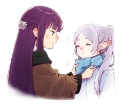 Rule 34 | 2girls, adjusting another&#039;s clothes, blue scarf, blush, brown coat, butterfly hair ornament, closed eyes, closed mouth, coat, commentary request, cropped torso, earrings, elf, expressions, fern (sousou no frieren), frieren, hair ornament, jewelry, long hair, long sleeves, multiple girls, nose blush, parted bangs, pointy ears, purple eyes, purple hair, scarf, sidelocks, simple background, sleepy, sousou no frieren, squeans, straight hair, taka0028, twintails, twitter username, upper body, watermark, white background, white hair, winter clothes