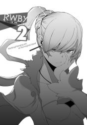 Rule 34 | 1girl, earrings, english text, greyscale, hand on own face, jacket, jewelry, monochrome, nose, official art, ponytail, rwby, solo, title, weiss schnee, yasuda suzuhito