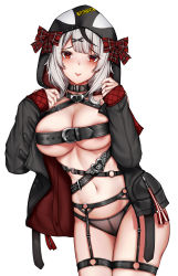Rule 34 | 1girl, :p, animal hood, belt, belt bra, black belt, black collar, black hair, black jacket, black panties, blunt bangs, blush, bow, breasts, caution, cleavage, collar, commentary, cowboy shot, english commentary, garter belt, groin, hair ornament, hands up, heart collar, highres, hololive, hood, hood up, hooded jacket, jacket, kitsune udon (ai br), large breasts, long sleeves, looking at viewer, medium hair, multicolored hair, navel, o-ring, o-ring belt, orca hood, panties, plaid, plaid bow, red eyes, sakamata chloe, sidelocks, silver hair, simple background, skindentation, smile, solo, standing, stomach, streaked hair, thigh strap, tongue, tongue out, underwear, virtual youtuber, white background, x hair ornament