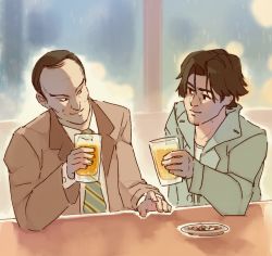Rule 34 | 2boys, alcohol, balcony, bar (place), beer, beer mug, black eyes, black hair, closed mouth, cup, facial hair, formal, heinrich lunge, indoors, jacket, long sleeves, looking at another, male focus, monster (manga), mug, multiple boys, necktie, plate, rtil, shirt, smile, suit, tenma kenzou, white shirt