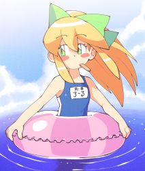 Rule 34 | 1girl, blonde hair, blue one-piece swimsuit, blush stickers, bow, character name, cloud, food, green bow, hair between eyes, highres, in water, inkerton-kun, innertube, long hair, looking to the side, mega man (classic), mega man (series), one-piece swimsuit, ponytail, popsicle, popsicle stick, roll (mega man), school swimsuit, solo, swim ring, swimsuit, wading, water