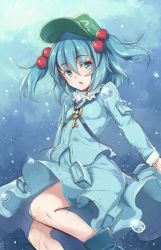 Rule 34 | 1girl, blue eyes, blue hair, blue skirt, bubble, green hat, hair between eyes, hair bobbles, hair ornament, hat, highres, kawashiro nitori, key, long sleeves, looking at viewer, oborofu, open mouth, skirt, solo, touhou, twintails, underwear