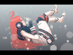 Rule 34 | 1girl, ahoge, android, belt, boots, dress, female focus, gloves, gradient background, headphones, joints, kneehighs, koromoya, letterboxed, long hair, red eyes, red hair, robot joints, sf-a2 miki, socks, solo, star (symbol), striped clothes, striped gloves, striped socks, vocaloid, wrist cuffs