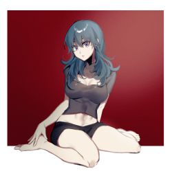 Rule 34 | 1girl, barefoot, black shorts, blue eyes, breasts, byleth (female) (fire emblem), byleth (fire emblem), cleavage, closed mouth, feet, fire emblem, fire emblem: three houses, full body, grey hair, highres, ichimonjikun2, intelligent systems, large breasts, long hair, looking at viewer, nintendo, red background, short shorts, short sleeves, shorts, simple background, sitting, solo