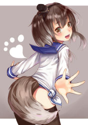 Rule 34 | 10s, 1girl, :d, black pantyhose, black thighhighs, blush, brown eyes, brown hair, doonatsu., eyebrows, from behind, grey hair, kantai collection, looking at viewer, looking back, multicolored hair, open mouth, outside border, pantyhose, sailor collar, school uniform, serafuku, short hair with long locks, smile, solo, standing, tail, thick eyebrows, thighhighs, tokitsukaze (kancolle), two-tone hair