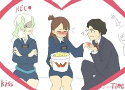 Rule 34 | 10s, 1boy, 2girls, andrew hanbridge, anger vein, black hair, blush, brown hair, clenched teeth, closed mouth, diana cavendish, english text, feet out of frame, food, green eyes, green hair, kagari atsuko, little witch academia, long hair, multicolored hair, multiple girls, necktie, nose, nose blush, popcorn, recording, simple background, sitting, smile, teeth, two-tone hair, white background, white hair