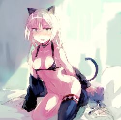 Rule 34 | 1girl, animal ears, bad id, bad pixiv id, bare shoulders, bed, black bra, black thighhighs, blonde hair, blush, bottomless, bra, breasts, breasts out, cat ears, cat tail, choker, collarbone, cross, fang, female pubic hair, green eyes, groin, heinrike prinzessin zu sayn-wittgenstein, hirschgeweih antennas, indoors, iron cross, long hair, long sleeves, military, military uniform, navel, nipples, noble witches, ohashi (hashidate), open mouth, pillow, pubic hair, single thighhigh, small breasts, smile, solo, strike witches, tail, thighhighs, underwear, undressing, uniform, world witches series