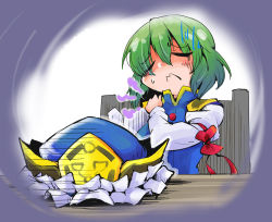 Rule 34 | 1girl, 3:, bow, chair, crown, epaulettes, closed eyes, frown, green hair, hand on own shoulder, hat, unworn headwear, high collar, highres, juliet sleeves, long sleeves, puffy sleeves, shaded face, shiki eiki, shinapuu, short hair, sitting, solo, table, touhou, turn pale