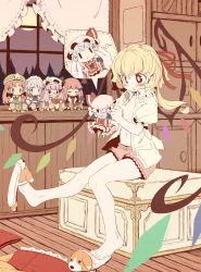 Rule 34 | 1girl, :&lt;, absurdres, animal slippers, barefoot, bat wings, blonde hair, bloomers, blue hair, blush, book, box, braid, character doll, cheek pull, child, closed eyes, container, crescent, curtains, dog slippers, dress shirt, embodiment of scarlet devil, feet, female focus, flandre scarlet, flat chest, flat color, forest, full moon, glasses, hair ribbon, hat, hat ribbon, head wings, highres, hong meiling, indoors, izayoi sakuya, koakuma, long hair, midriff, moon, nature, navel, night, no pants, on box, open clothes, open mouth, open shirt, patchouli knowledge, pectorals, pointy ears, purple hair, red eyes, red hair, remilia scarlet, ribbon, shirt, shoe dangle, shoes, short hair, side ponytail, silver hair, single shoe, sitting, sitting on object, skirt, skirt set, sky, slippers, solo, star (symbol), takahero, touhou, twin braids, underwear, vest, window, wings, | |
