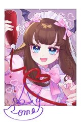 Rule 34 | 1girl, :d, arm up, blue eyes, border, bottle, bow, brown hair, character signature, chuu0105, demon wings, fang, hand up, holding, holding bottle, ketchup, ketchup bottle, kurosu aroma, long hair, looking at viewer, maid, maid headdress, open mouth, pink bow, pink ribbon, polaroid, pouring, pretty series, pripara, puffy short sleeves, puffy sleeves, ribbon, short sleeves, smile, solo, upper body, white border, wing hair ornament, wings