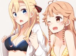 Rule 34 | 2girls, ;d, antenna hair, bad id, bad pixiv id, bare shoulders, blonde hair, blue eyes, blush, bow, bra, braid, breasts, brown eyes, chestnut mouth, cleavage, collarbone, commentary request, grey background, hair bow, hair ribbon, high school fleet, highres, kapatarou, lace, lace-trimmed bra, lace trim, large breasts, light brown hair, long hair, multiple girls, nosa kouko, one eye closed, open clothes, open mouth, open shirt, plaid, plaid bra, ribbon, shirt, simple background, smile, triangle mouth, twin braids, underwear, undressing, upper body, white shirt, wilhelmina braunschweig ingenohl friedeburg