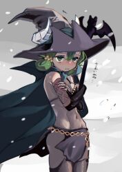 Rule 34 | absurdres, belly, bikini, blush, cloak, cold, crossed arms, fake horns, folded hair, green hair, hat, highres, holding, holding staff, horned hat, horned headwear, horns, mknnkm2, skirt, snow, staff, swimsuit, thick eyelashes, thighhighs, unicorn overlord, wind, witch hat, yahna (unicorn overlord)