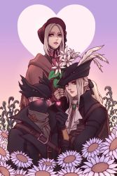 Rule 34 | 1boy, 2girls, ascot, asrikins, bloodborne, blush, bonnet, cape, cloak, coat, crossed arms, doll joints, feathers, flower, gem, gloves, green eyes, hat, hat feather, heart, highres, holding, holding flower, hunter (bloodborne), jewelry, joints, lady maria of the astral clocktower, long hair, looking at viewer, mask, mouth mask, multiple girls, open mouth, parted bangs, plain doll, ponytail, shirt, short hair, simple background, smile, swept bangs, the old hunters, tricorne, weapon, white flower, white hair, white shirt
