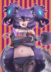 Rule 34 | 1girl, animal ears, aqua eyes, bare shoulders, big hair, black hair, bone necklace, breasts, buttons, candy, cerberus (kemono friends), cleavage, collar, collarbone, cutoffs, dog ears, elbow gloves, fangs, fingerless gloves, food, gloves, glowing, glowing hair, groin, hair between eyes, highres, holding, jewelry, kemono friends, kosai takayuki, pantyhose under shorts, lizard tail, lollipop, looking at viewer, lowleg, lowleg shorts, midriff, mouth hold, multicolored hair, navel, one eye closed, open clothes, open mouth, open shorts, pantyhose, pendant, purple hair, scar, scar across eye, scar on face, short shorts, shorts, smile, solo, spiked collar, spikes, stomach, strapless, striped, striped background, tail, thigh strap, tube top, two-tone hair, two side up, unbuttoned