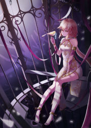 Rule 34 | 1girl, absurdres, ahoge, armlet, artist name, bare shoulders, barefoot, bird, birdcage, blonde hair, bracelet, breasts, cage, chain, china dress, chinese clothes, commentary request, cuffs, dress, gold trim, highres, jewelry, key, l4timeria, lock, long hair, looking at animal, low ponytail, medium breasts, mixed-language commentary, original, padlock, revision, ribbon, shackles, sitting, smile, yellow eyes