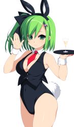 Rule 34 | 1girl, bare shoulders, beatmania, beatmania iidx, breasts, cleavage, cocktail, green eyes, green hair, hair ornament, hairclip, holding, kinoshita ichi, kitami erika, leotard, medium breasts, necktie, playboy bunny, rabbit tail, red necktie, short hair, side ponytail, simple background, sleeveless, smile, solo, tail, tray, white background, wrist cuffs