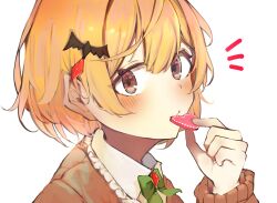 Rule 34 | 1girl, \||/, absurdres, alternate costume, bat hair ornament, blonde hair, brown cardigan, brown eyes, cardigan, collared shirt, commentary, from side, hair ornament, hairclip, highres, hololive, looking at viewer, portrait, shirt, short hair, solo, virtual youtuber, white shirt, yozora mel, yukirei