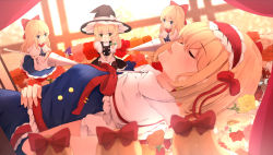 Rule 34 | 1girl, alice margatroid, apron, bad id, bad pixiv id, between legs, black vest, blonde hair, blue dress, blue eyes, blurry, bow, braid, capelet, character doll, closed eyes, commentary, curtains, day, depth of field, dress, flower, hair bow, hair ribbon, hairband, hand between legs, hand on own stomach, hat, holding, holding lance, holding polearm, holding weapon, indoors, kirisame marisa, lance, lolita hairband, long hair, looking at viewer, lying, on back, open mouth, orange flower, orange rose, polearm, puffy short sleeves, puffy sleeves, red flower, red neckwear, red ribbon, red rose, ribbon, rose, sash, shanghai doll, shangurira, shirt, short hair, short sleeves, single braid, solo, touhou, tress ribbon, vest, waist apron, weapon, white capelet, white shirt, window, witch hat, yellow eyes, yellow flower, yellow rose