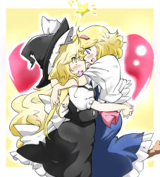 Rule 34 | 2girls, alice margatroid, bad id, bad pixiv id, blonde hair, blue eyes, blush, boots, dress, eye contact, female focus, happy, hat, heart, hug, kirisame marisa, long hair, looking at another, multiple girls, non (z-art), open mouth, short hair, star (symbol), touhou, witch, witch hat, yellow eyes, yuri