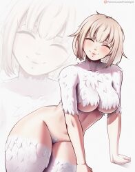 Rule 34 | absurdres, ass, blonde hair, blush, breasts, closed eyes, dragon girl, dungeon meshi, falin touden, feathers, fraankyy, highres, huge ass, looking at viewer, short hair, simple background, smile, thick thighs, thighhighs, thighs, wide hips