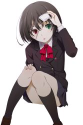 Rule 34 | 10s, 1girl, :o, another, black hair, black socks, blazer, extraction, eyepatch, eyepatch lift, green eyes, heterochromia, jacket, kneehighs, lifting own clothes, loafers, looking at viewer, misaki mei, open mouth, pleated skirt, red eyes, school uniform, shoes, short hair, sitting, skirt, socks, solo, transparent background