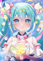 Rule 34 | 1girl, absurdres, ava illust, blue eyes, blue hair, bow, bowtie, braid, breasts, closed mouth, detached collar, detached sleeves, dress, earth (planet), eyelashes, frilled dress, frills, gloves, hair between eyes, hair bow, hair ornament, hair ribbon, hairclip, hands up, hatsune miku, highres, light blush, long hair, looking at viewer, medium breasts, outdoors, pink bow, pink bowtie, pink ribbon, planet, purple gloves, ribbon, sidelocks, smile, solo, space, sparkle, star-shaped pupils, star (symbol), symbol-shaped pupils, twintails, upper body, vocaloid, white dress, white gloves